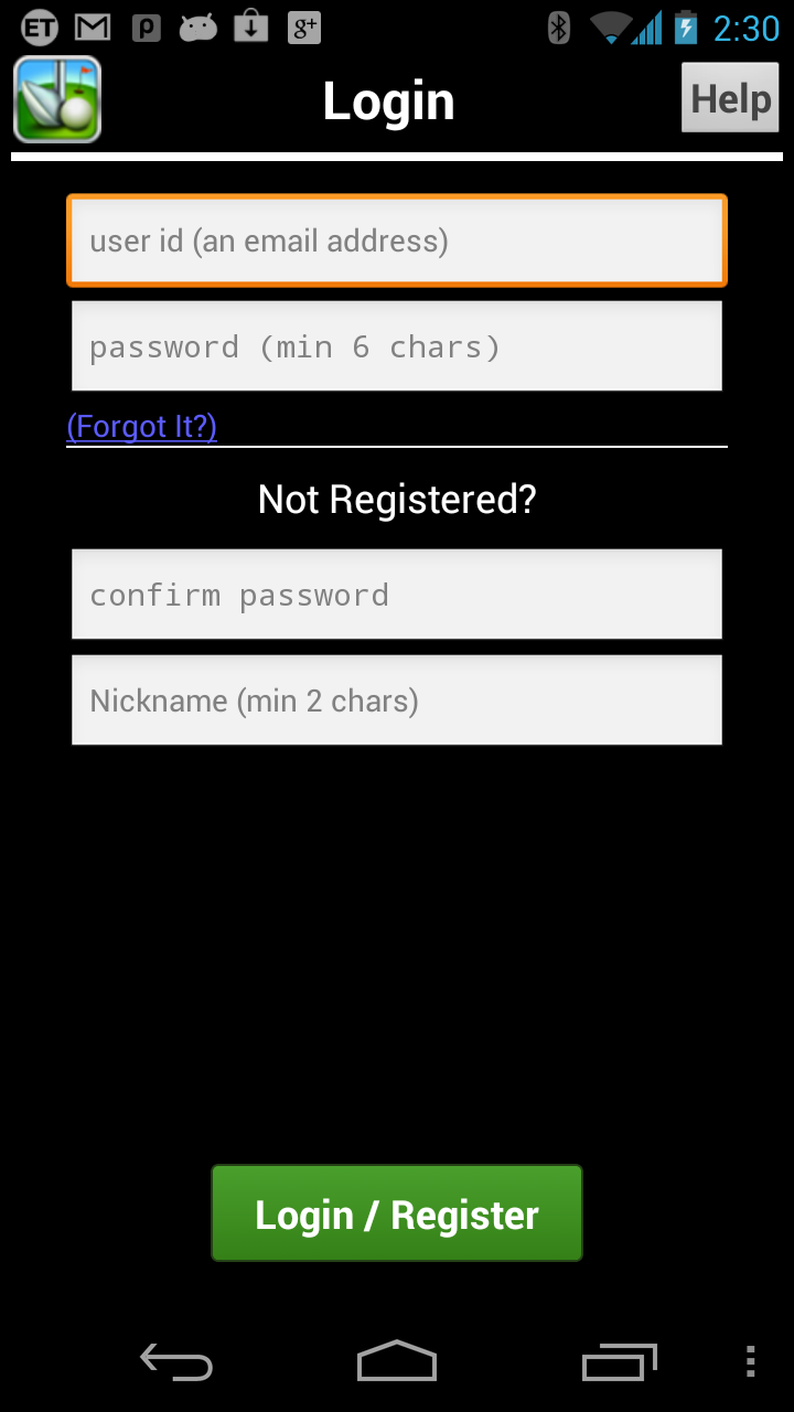 login and register screen